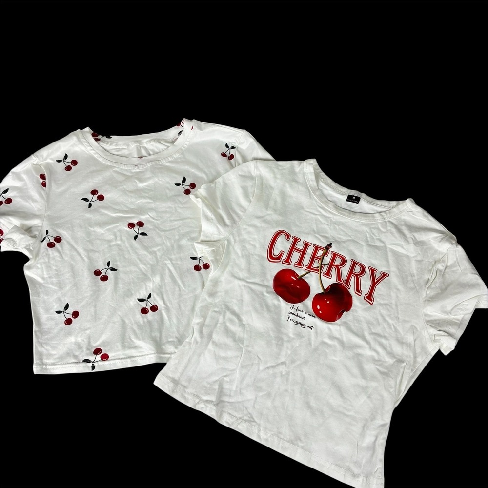 Y2K Babydoll Baby Tee Crop Top Cherry Print 2 pcs 90s Coquette Cute Feminine M